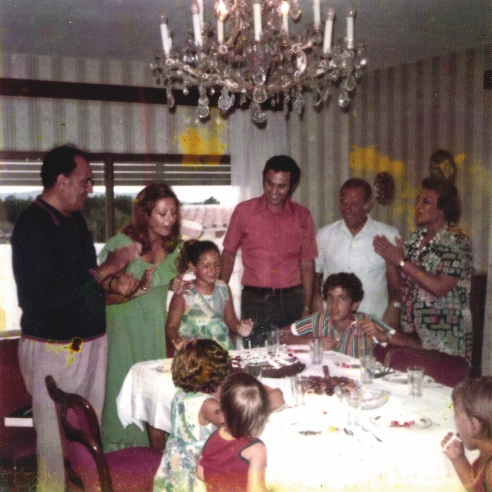 Ibiza 1974, Celebrating Sally’s Birthday, R-L Rachel, Victor, Zamir, Stella, Zamir’s father Salim, Nadia’s son, Ouzi, Sally and Sigal and young Simon
